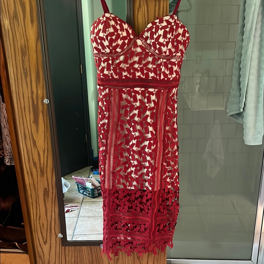 Just Me Red and Cream Lace Dress - Picture 3 of 6